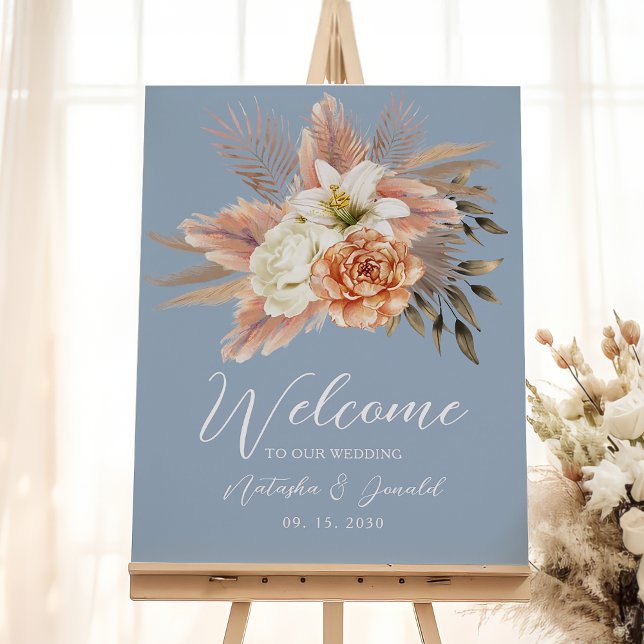 Dusty Blue Peach Floral Wedding Welcome Poster (Creator Uploaded)