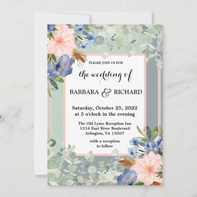 Dusty Blue Peach Green Wedding Invitation (Front)