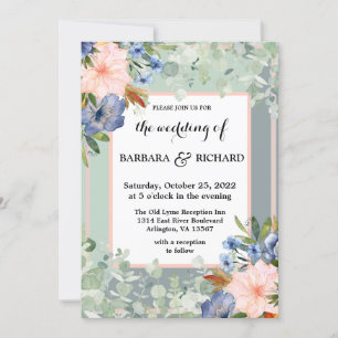 Dusty Blue Peach Green Wedding Invitation