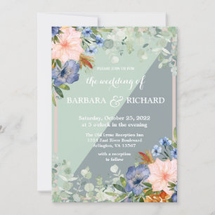 Dusty Blue Peach Green Wedding Invitation