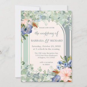 Dusty Blue Peach Green Wedding  Invitation
