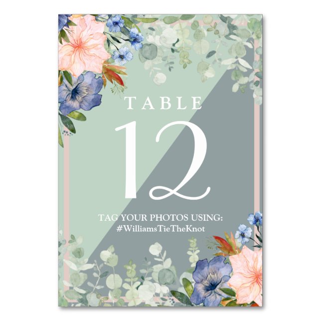 Dusty Blue Peach Green Wedding Table Number (Front)