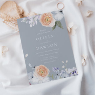 Dusty Blue & Peach Modern Elegant Wedding Invitation