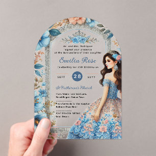 Dusty BLUE Peach Quinceañera Dress Floral Quince Acrylic Invitations