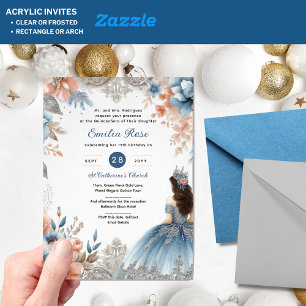 Dusty BLUE Peach Quinceañera Dress Floral Quince Acrylic Invitations