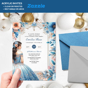 Dusty BLUE Peach Quinceañera Dress Floral Quince Acrylic Invitations