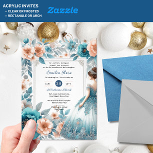 Dusty BLUE Peach Quinceañera Dress Floral Quince Acrylic Invitations