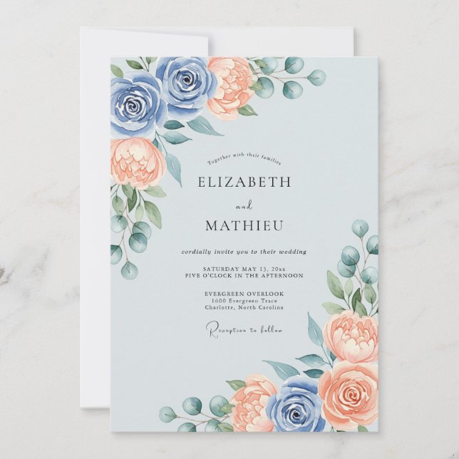 Dusty Blue Peach Splendid Spring Wedding Invitation (Front)