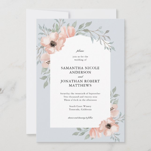 Dusty Blue Peach Watercolor Floral Wedding Invitation (Front)