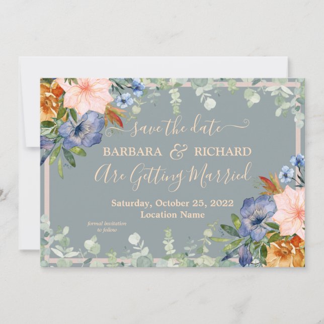 Dusty Blue Peach Wedding Save Date   Invitation (Front)