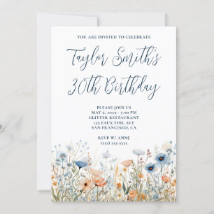 Dusty Blue Peach Wildflowers 30th Birthday Invitation