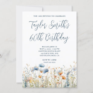 Dusty Blue Peach Wildflowers 60th Birthday Invitation