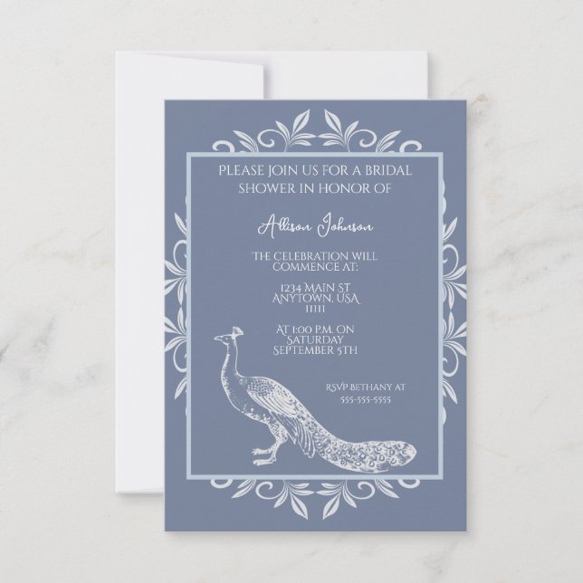 Dusty Blue Peacock Flourish Bridal Shower Invitation (Front)