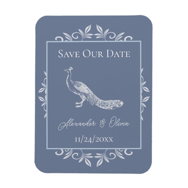 Dusty Blue Peacock Flourish Save The Date Magnet (Vertical)