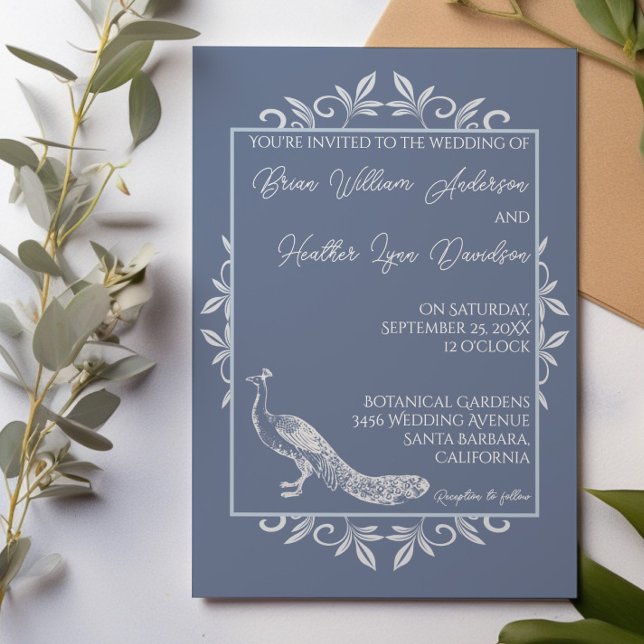 Dusty Blue Peacock Flourish Wedding Invitation (Dusty Blue Peacock Flourish Wedding Invitation)