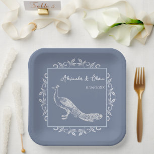 Dusty Blue Peacock Flourish Wedding Shower Paper Plate
