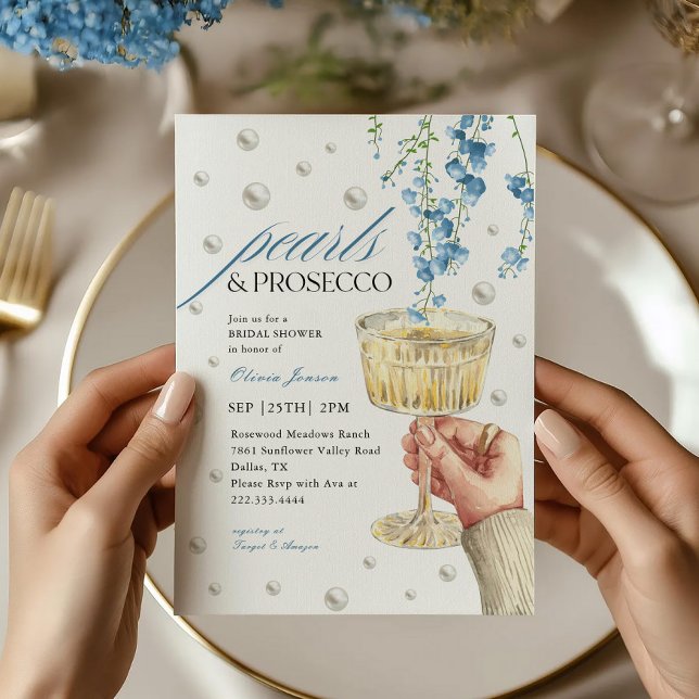 Dusty Blue Pearls & Prosecco Brunch Bridal Shower Invitation (Creator Uploaded)