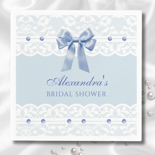 Dusty Blue Pearls Satin Bow Lace Bridal Shower Napkin (Creator Uploaded)