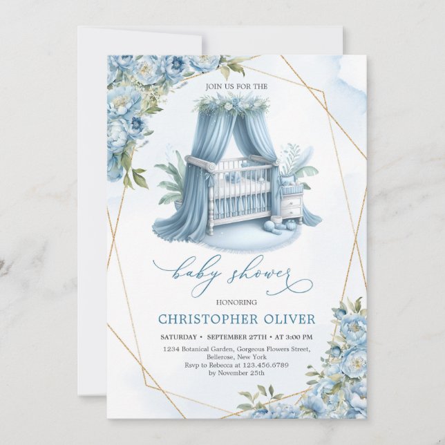 Dusty blue peonies baby crib gold frame boy  invitation (Front)
