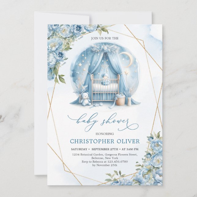 Dusty blue peonies baby crib gold frame boy  invitation (Front)
