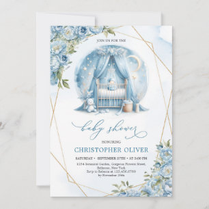 Dusty blue peonies baby crib gold frame boy  invitation