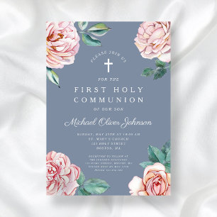 Dusty Blue Peonies Religious Boy First Communion Invitation