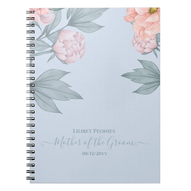 Dusty Blue Peonies Wedding Notebook (Front)