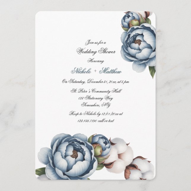 Dusty Blue Peony and Cotton Wedding Shower Invitation (Front)