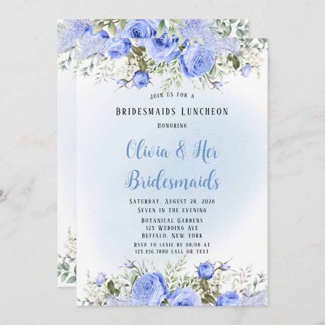 Dusty Blue Peony Blossom Bridesmaids Luncheon Invitation (Front/Back)