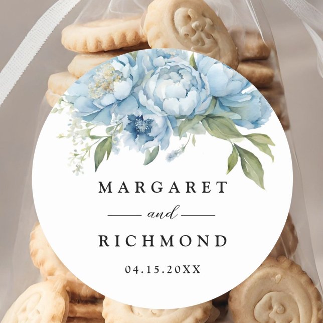 Dusty Blue Peony Elegant Watercolor Wedding Classic Round Sticker (Creator Uploaded)