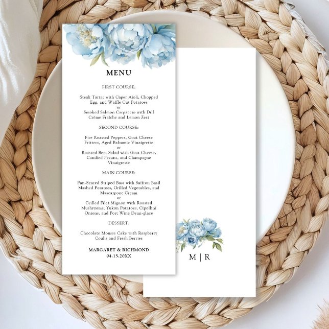 Dusty Blue Peony Elegant Watercolor Wedding Menu (Creator Uploaded)