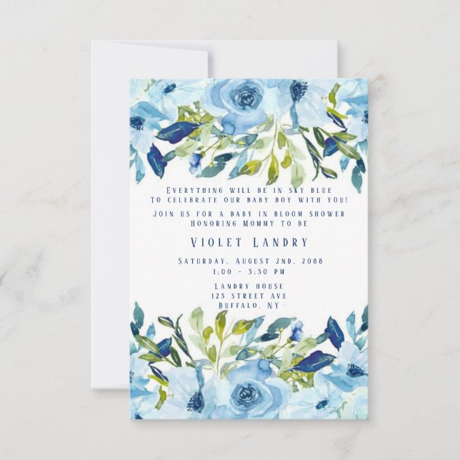 Dusty Blue Peony Florals Boy Baby In Bloom Shower  Invitation (Front)