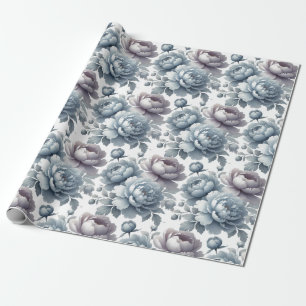 Dusty Blue Peony Flowers Elegant Watercolor Wrapping Paper