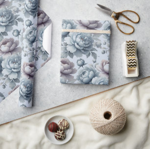 Dusty Blue Peony Flowers Elegant Watercolor Wrapping Paper