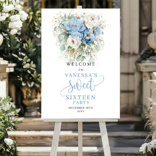 Dusty Blue Peony Gold Sweet Sixteen Welcome Poster