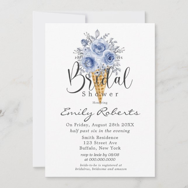 Dusty Blue Peony Ice Cream Cone Bridal Shower Invitation (Front)
