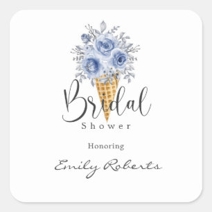 Dusty Blue Peony Ice Cream Cone Bridal Shower Square Sticker