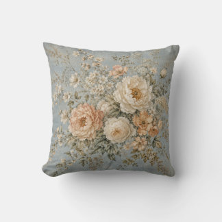 Dusty Blue Peony Ivory Blossom French Country  Cushion