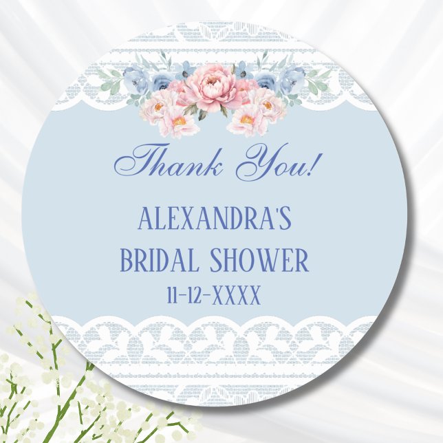 Dusty Blue Peony  Lace Bridal Shower Thank You Classic Round Sticker (Creator Uploaded)
