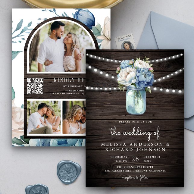 Dusty Blue Peony Mason Jar QR Code Wood Wedding Invitation (Creator Uploaded)