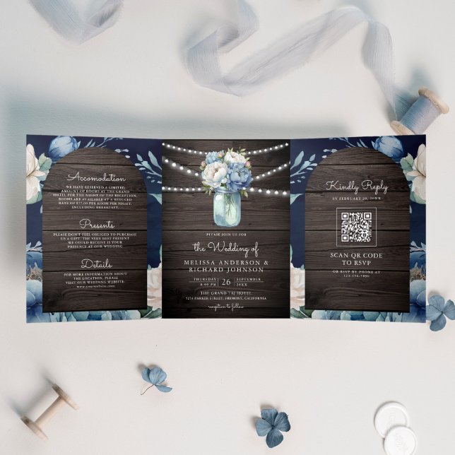 Dusty Blue Peony Mason Jar QR Code Wood Wedding Tri-Fold Invitation (Creator Uploaded)