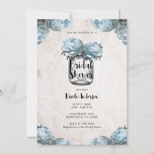 Dusty Blue Peony Mason Jar Rustic Bridal Shower  Invitation (Front)