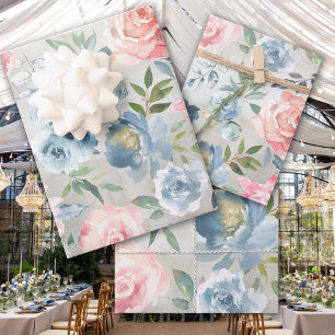 Dusty Blue Peony & Pink Roses Garden Wrapping Paper Sheet