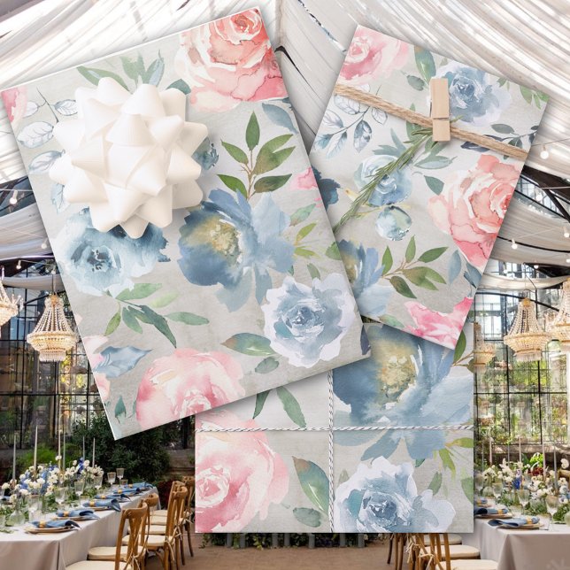 Dusty Blue Peony & Pink Roses Garden Wrapping Paper Sheet (Creator Uploaded)