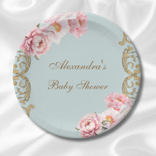Dusty Blue Peony Rococo Pink Floral Baby Shower Paper Plate