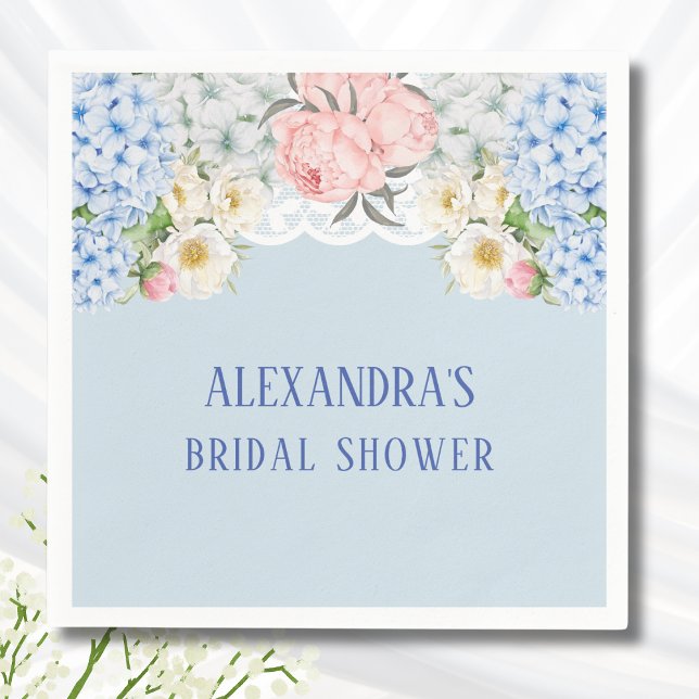 Dusty Blue Peony Romantic Hydrangea Bridal Shower Napkin (Creator Uploaded)