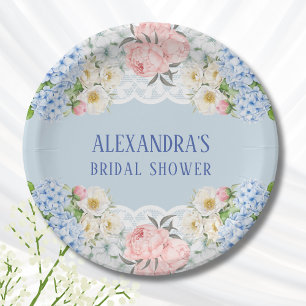 Dusty Blue Peony Romantic Hydrangea Bridal Shower Paper Plate