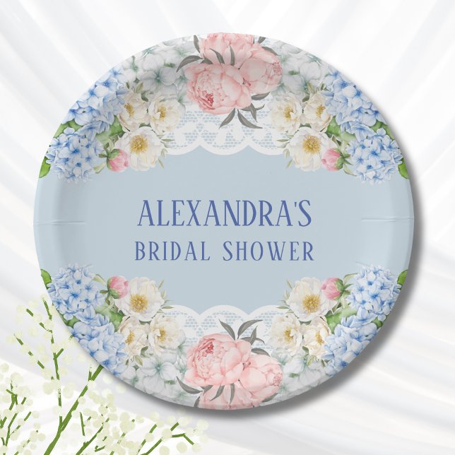 Dusty Blue Peony Romantic Hydrangea Bridal Shower Paper Plate (Creator Uploaded)