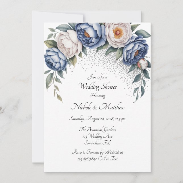 Dusty Blue Peony Rose and Glitter Wedding Shower Invitation (Front)