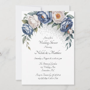 Dusty Blue Peony Rose and Glitter Wedding Shower Invitation